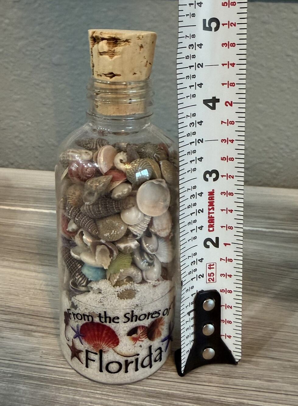 Florida Sand and Shells In corked Plastic Bottle Souvenir 5” Tall